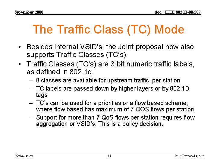 September 2000 doc. : IEEE 802. 11 -00/307 The Traffic Class (TC) Mode •