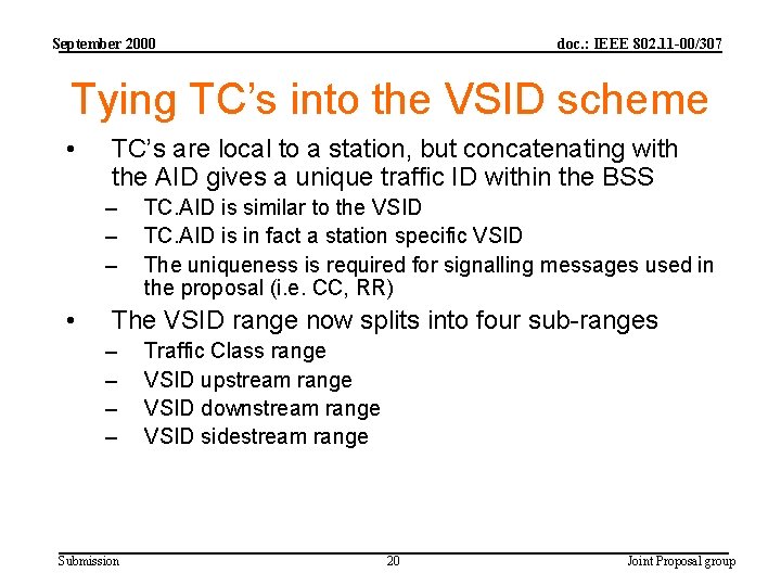 September 2000 doc. : IEEE 802. 11 -00/307 Tying TC’s into the VSID scheme