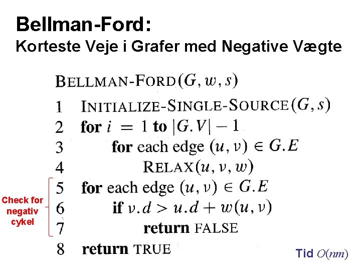 Bellman-Ford: Korteste Veje i Grafer med Negative Vægte Check for negativ cykel Tid O(nm)