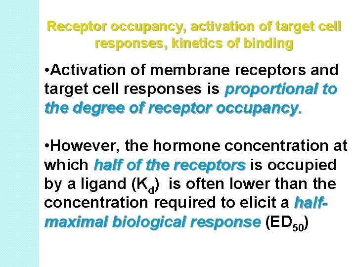 Receptor occupancy, activation of target cell responses, kinetics of binding • Activation of membrane