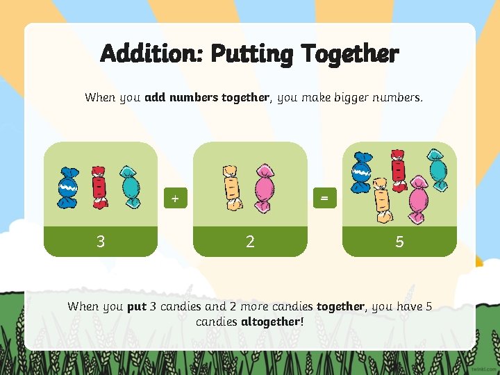 Addition: Putting Together When you add numbers together, you make bigger numbers. + 3 Addition: Putting Together When you add numbers together, you make bigger numbers. + 3