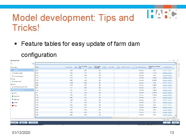 Model development: Tips and Tricks! § Feature tables for easy update of farm dam