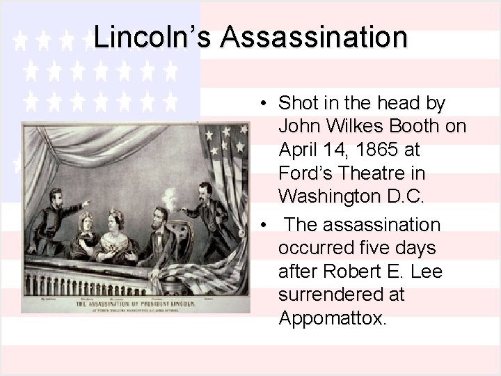 Lincoln’s Assassination • Shot in the head by John Wilkes Booth on April 14,