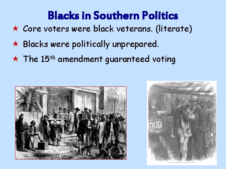 Blacks in Southern Politics « Core voters were black veterans. (literate) « Blacks were