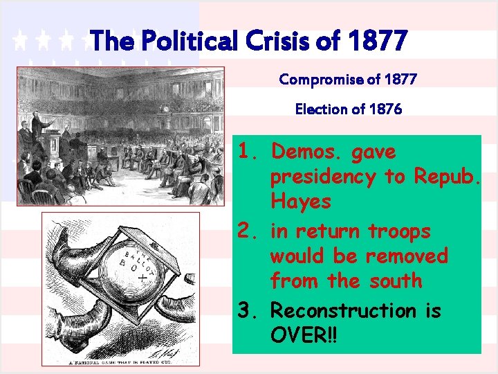 The Political Crisis of 1877 Compromise of 1877 Election of 1876 1. Demos. gave