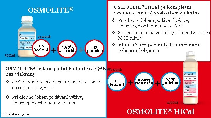 OSMOLITE® Hi. Cal je kompletní vysokokalorická výživa bez vlákniny OSMOLITE® Ve 100 ml: 1,