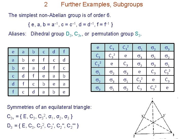 2 Further Examples, Subgroups The simplest non-Abelian group is of order 6. { e,