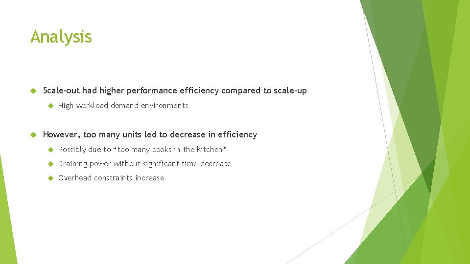 Analysis Scale-out had higher performance efficiency compared to scale-up High workload demand environments However,