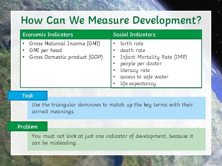 How Can We Measure Development? Economic Indicators Social Indicators • Gross National Income (GNI)