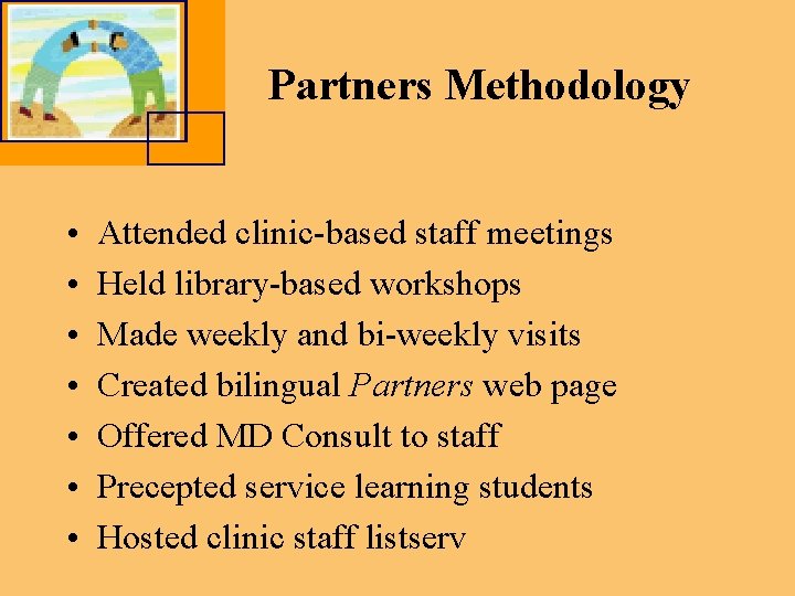 Partners Methodology • • Attended clinic-based staff meetings Held library-based workshops Made weekly and
