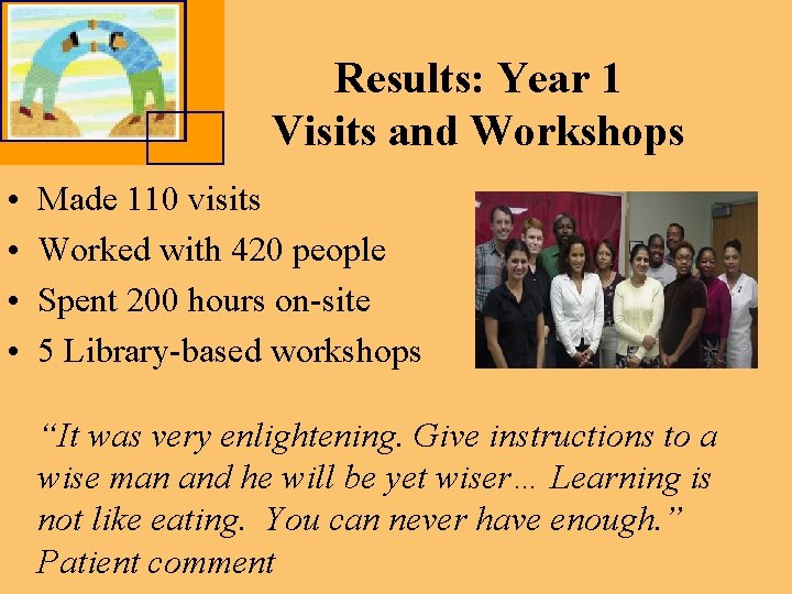 Results: Year 1 Visits and Workshops • • Made 110 visits Worked with 420