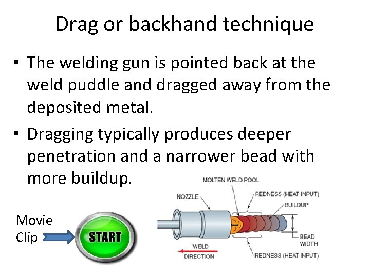 Drag or backhand technique • The welding gun is pointed back at the weld