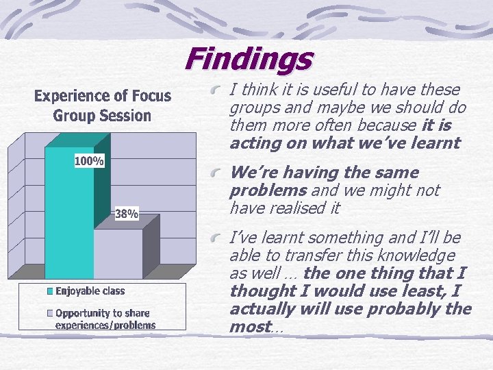 Findings I think it is useful to have these groups and maybe we should