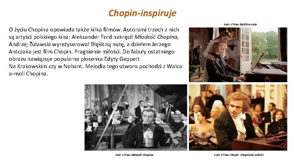 Chopin-inspiruje O życiu Chopina opowiada także kilka filmów. Autorami trzech z nich są artyści Chopin-inspiruje O życiu Chopina opowiada także kilka filmów. Autorami trzech z nich są artyści