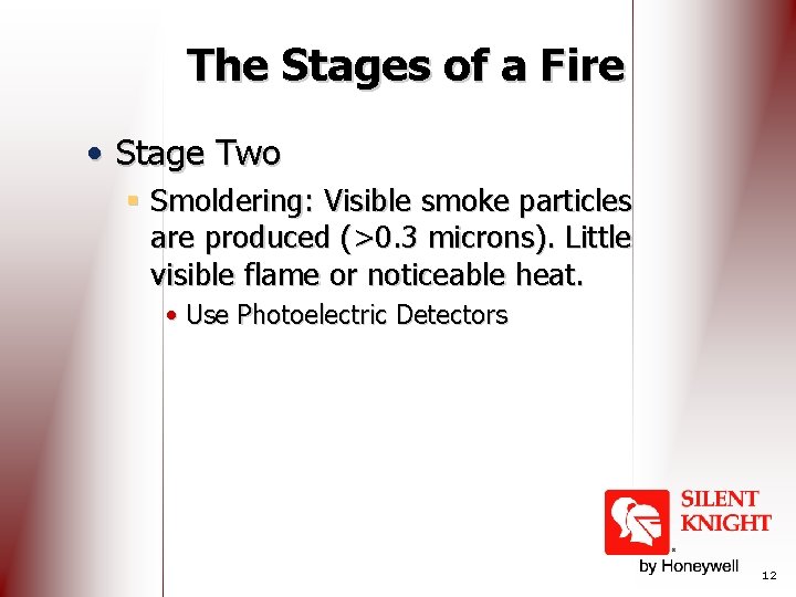 The Stages of a Fire • Stage Two § Smoldering: Visible smoke particles are