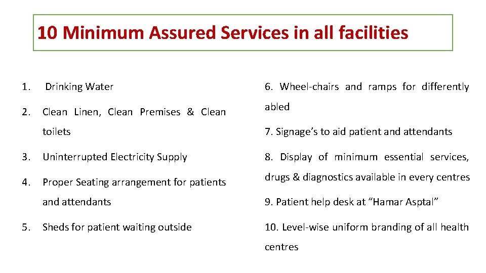 10 Minimum Assured Services in all facilities 1. Drinking Water 6. Wheel-chairs and ramps