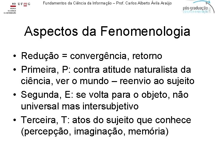 Fundamentos da Ciência da Informação – Prof. Carlos Alberto Ávila Araújo Aspectos da Fenomenologia