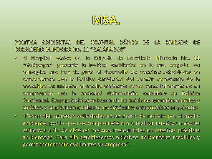 MSA. POLITICA AMBIENTAL DEL HOSPITAL BÁSICO DE LA BRIGADA DE CABALLERÍA BLINDADA No. 11