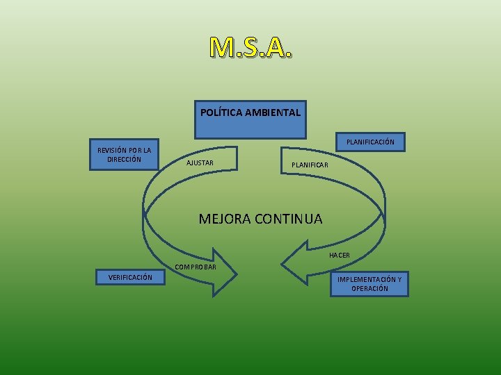 M. S. A. POLÍTICA AMBIENTAL REVISIÓN POR LA DIRECCIÓN PLANIFICACIÓN AJUSTAR PLANIFICAR MEJORA CONTINUA