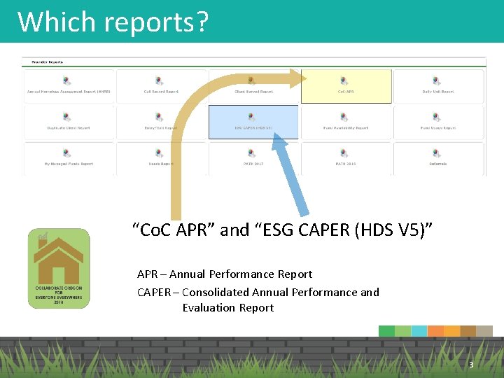 Which reports? “Co. C APR” and “ESG CAPER (HDS V 5)” APR – Annual