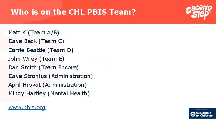 Who is on the CHL PBIS Team? Matt K (Team A/B) Dave Beck (Team