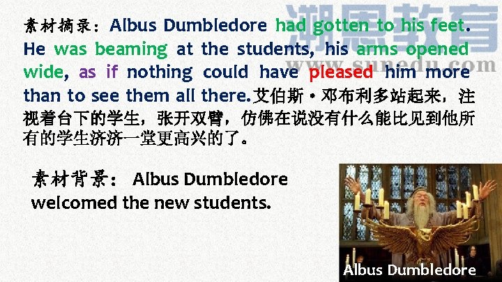 素材摘录： Albus Dumbledore had gotten to his feet. He was beaming at the students,