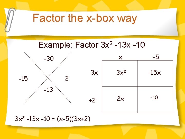 Factor the x-box way Example: Factor 3 x 2 -13 x -10 x -5