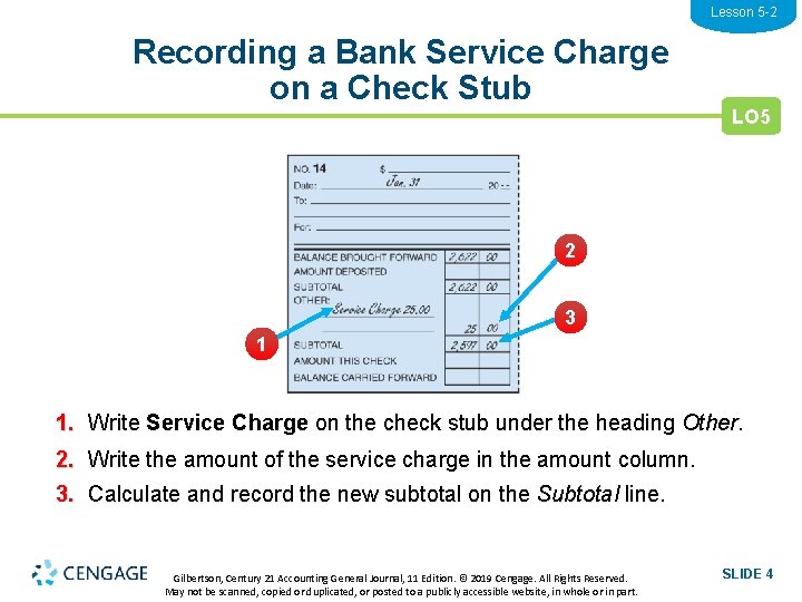 Lesson 5 -2 Recording a Bank Service Charge on a Check Stub LO 5