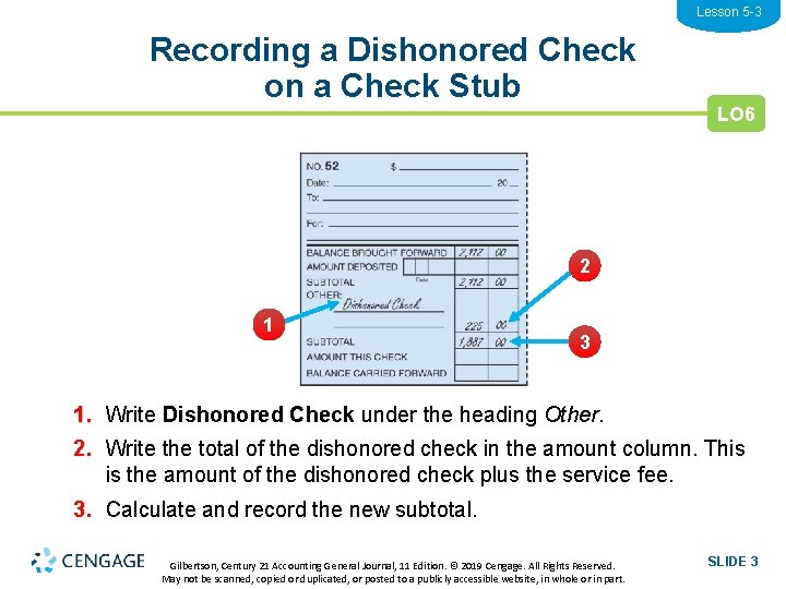 Lesson 5 -3 Recording a Dishonored Check on a Check Stub LO 6 2