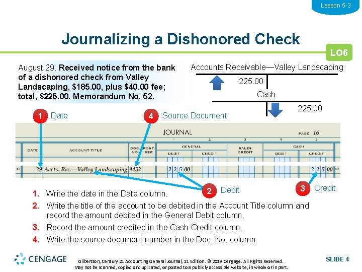 Lesson 5 -3 Journalizing a Dishonored Check August 29. Received notice from the bank