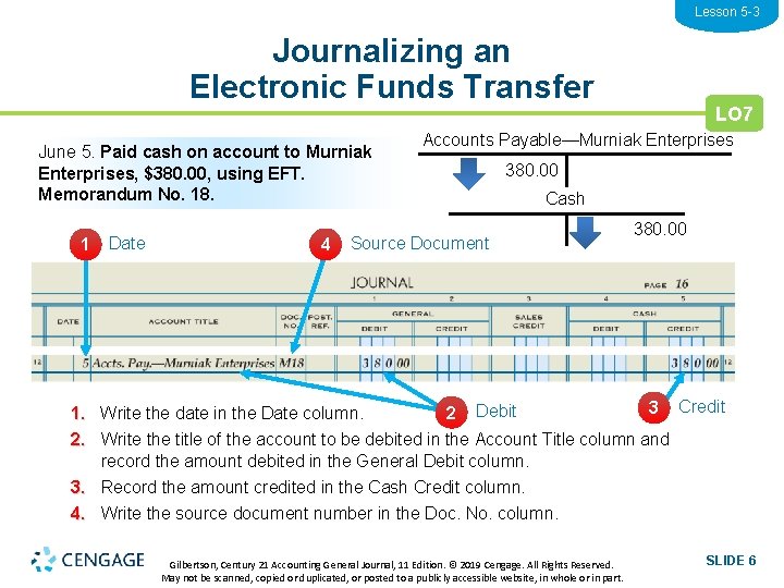 Lesson 5 -3 Journalizing an Electronic Funds Transfer June 5. Paid cash on account
