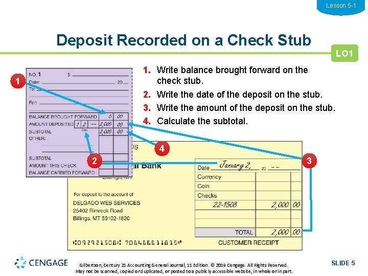 Lesson 5 -1 Deposit Recorded on a Check Stub LO 1 1. Write balance