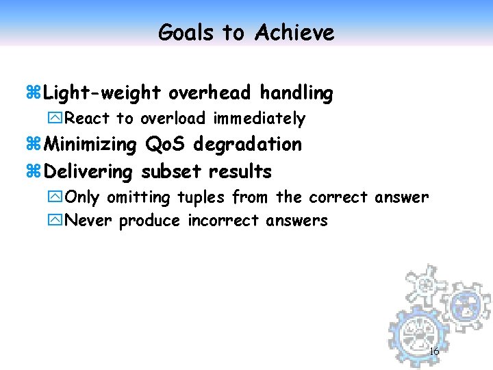 Goals to Achieve z. Light-weight overhead handling y. React to overload immediately z. Minimizing
