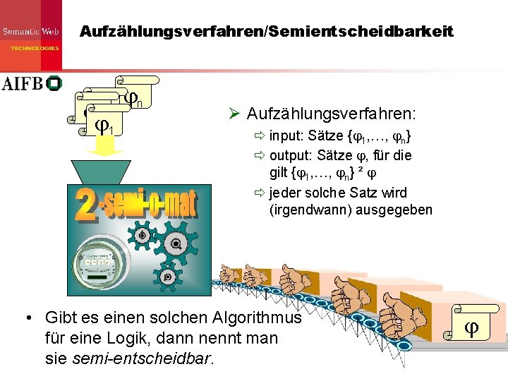 Aufzählungsverfahren/Semientscheidbarkeit 1 1 1 n Ø Aufzählungsverfahren: ð input: Sätze { 1, …, n} Aufzählungsverfahren/Semientscheidbarkeit 1 1 1 n Ø Aufzählungsverfahren: ð input: Sätze { 1, …, n}