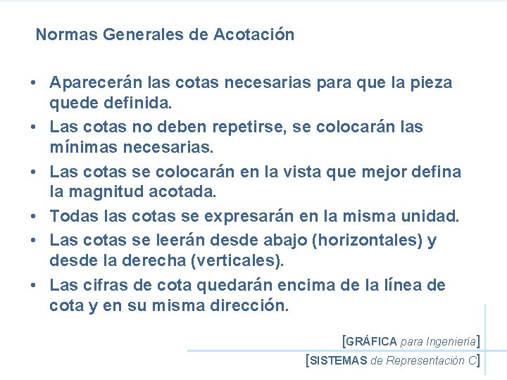 Normas Generales de Acotación • Aparecerán las cotas necesarias para que la pieza quede
