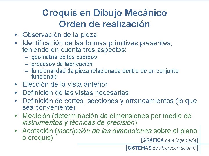 Croquis en Dibujo Mecánico Orden de realización • Observación de la pieza • Identificación