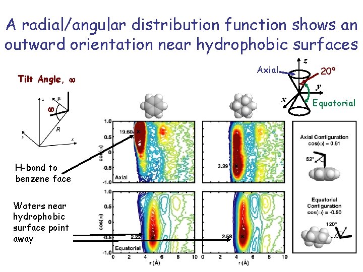 A radial/angular distribution function shows an outward orientation near hydrophobic surfaces Tilt Angle, w