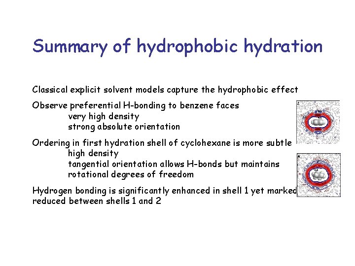 Summary of hydrophobic hydration Classical explicit solvent models capture the hydrophobic effect Observe preferential