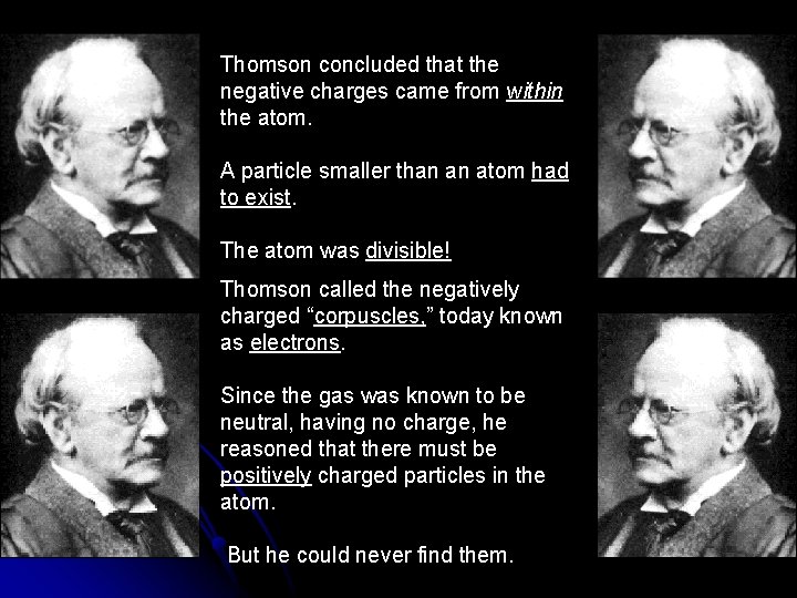 Thomson concluded that the negative charges came from within the atom. A particle smaller