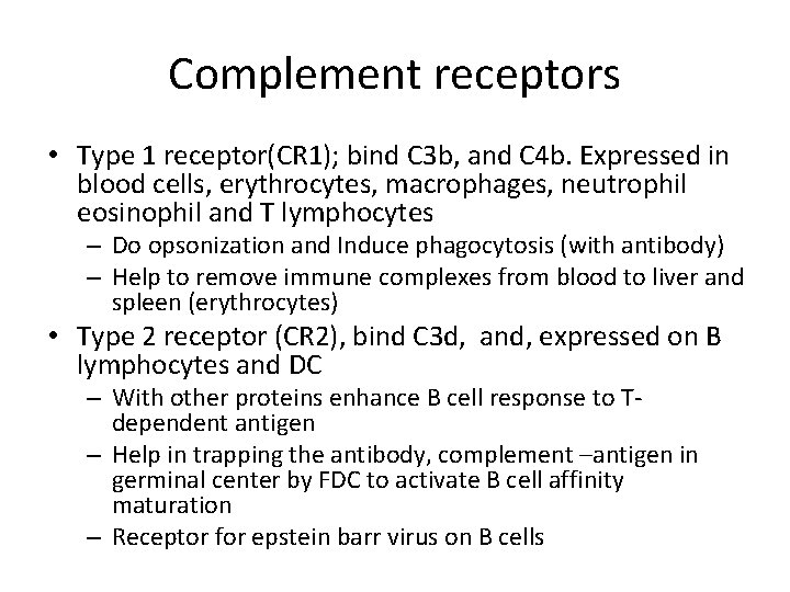 Complement receptors • Type 1 receptor(CR 1); bind C 3 b, and C 4