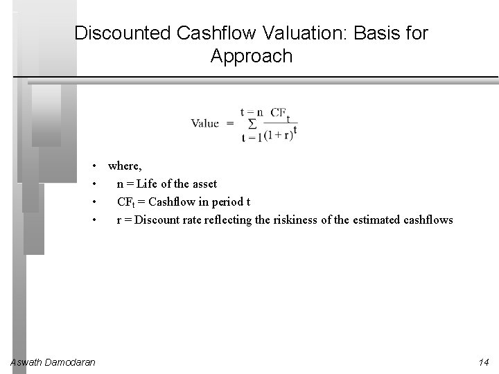 Discounted Cashflow Valuation: Basis for Approach • where, • n = Life of the