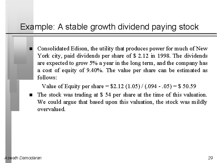Example: A stable growth dividend paying stock Consolidated Edison, the utility that produces power