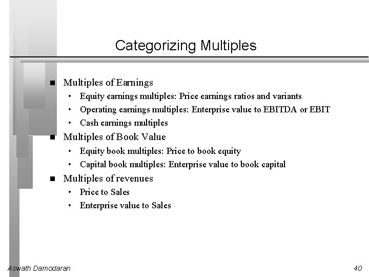 Categorizing Multiples of Earnings • Equity earnings multiples: Price earnings ratios and variants •