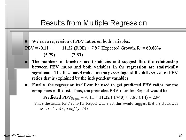 Results from Multiple Regression We ran a regression of PBV ratios on both variables: