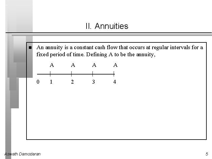 II. Annuities An annuity is a constant cash flow that occurs at regular intervals