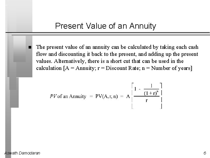 Present Value of an Annuity The present value of an annuity can be calculated