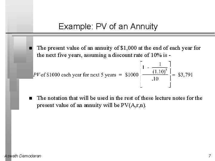 Example: PV of an Annuity The present value of an annuity of $1, 000