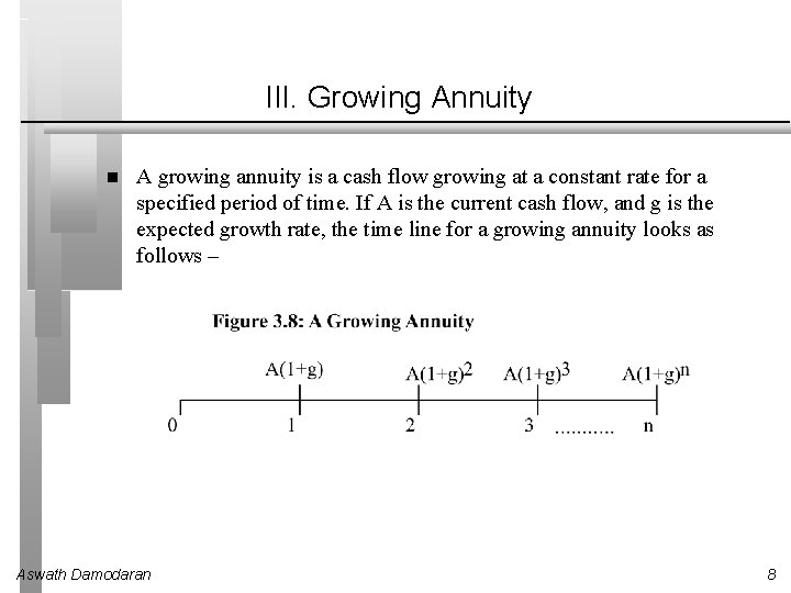 III. Growing Annuity A growing annuity is a cash flow growing at a constant