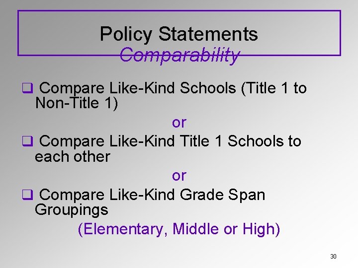 Policy Statements Comparability q Compare Like-Kind Schools (Title 1 to Non-Title 1) or q