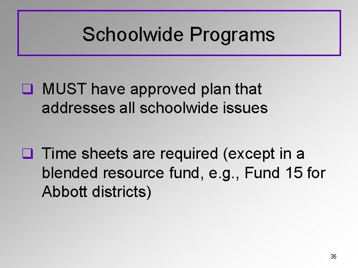 Schoolwide Programs q MUST have approved plan that addresses all schoolwide issues q Time